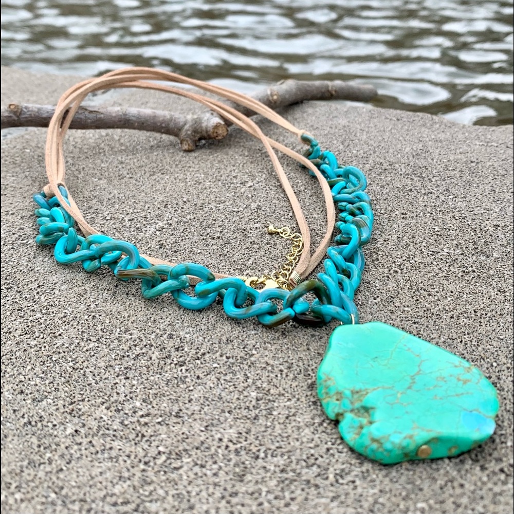 Barse Double Leather Strand Turquoise Resin Link Turquoise Magnesite Necklace